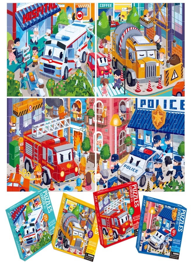 Dotimo kids Dotimo 4-in-1 Vehicle Puzzles for Toddlers 3-5 - Fire Truck, Police Car, Ambulance & Cement Mixer Puzzles, 24/30/35/48 Piece Educational Games with Storage Box - Image 1
